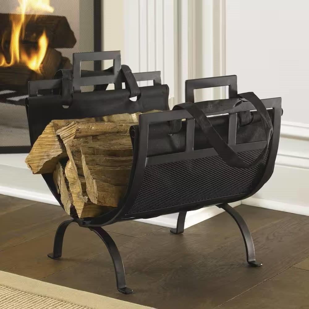 Heavy Duty 17-inch Black Metal Firewood Log Rack with Removable Canvas Tote-1