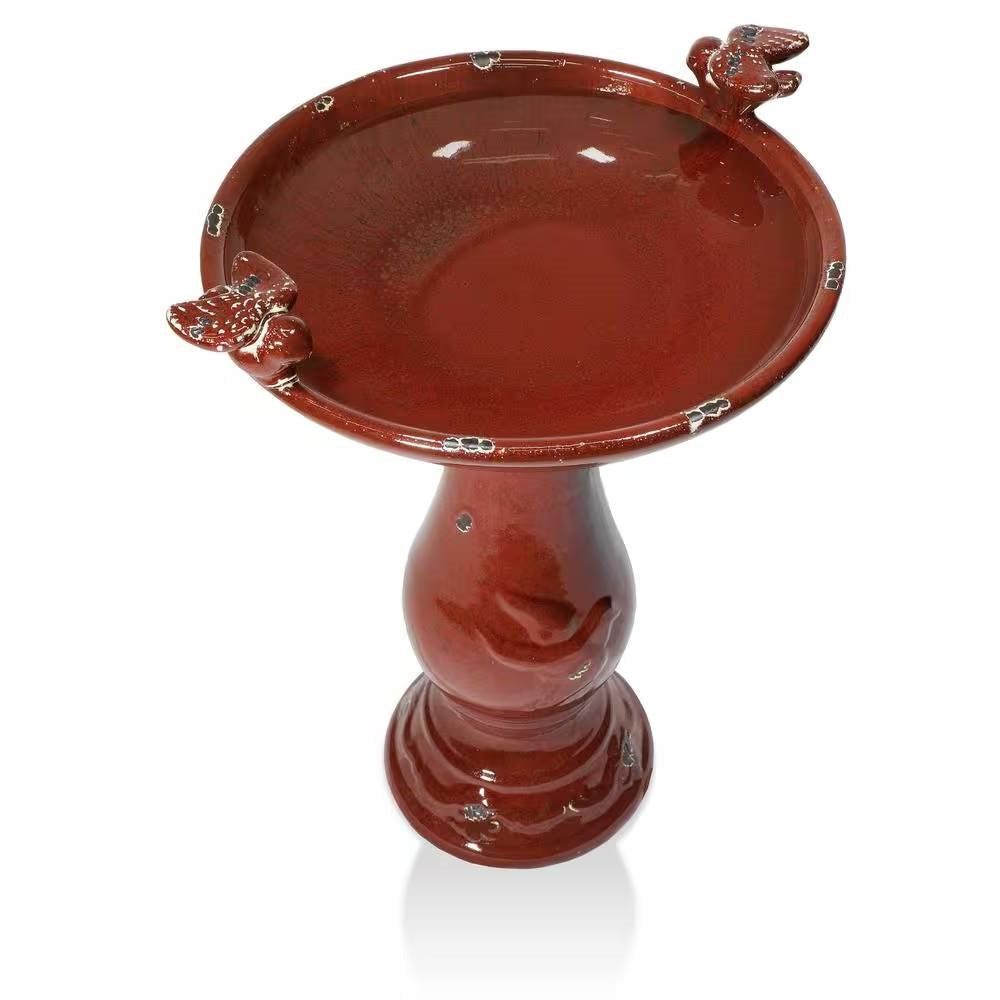 Outdoor Dark Red Ceramic Birdbath in Antique Finish-2