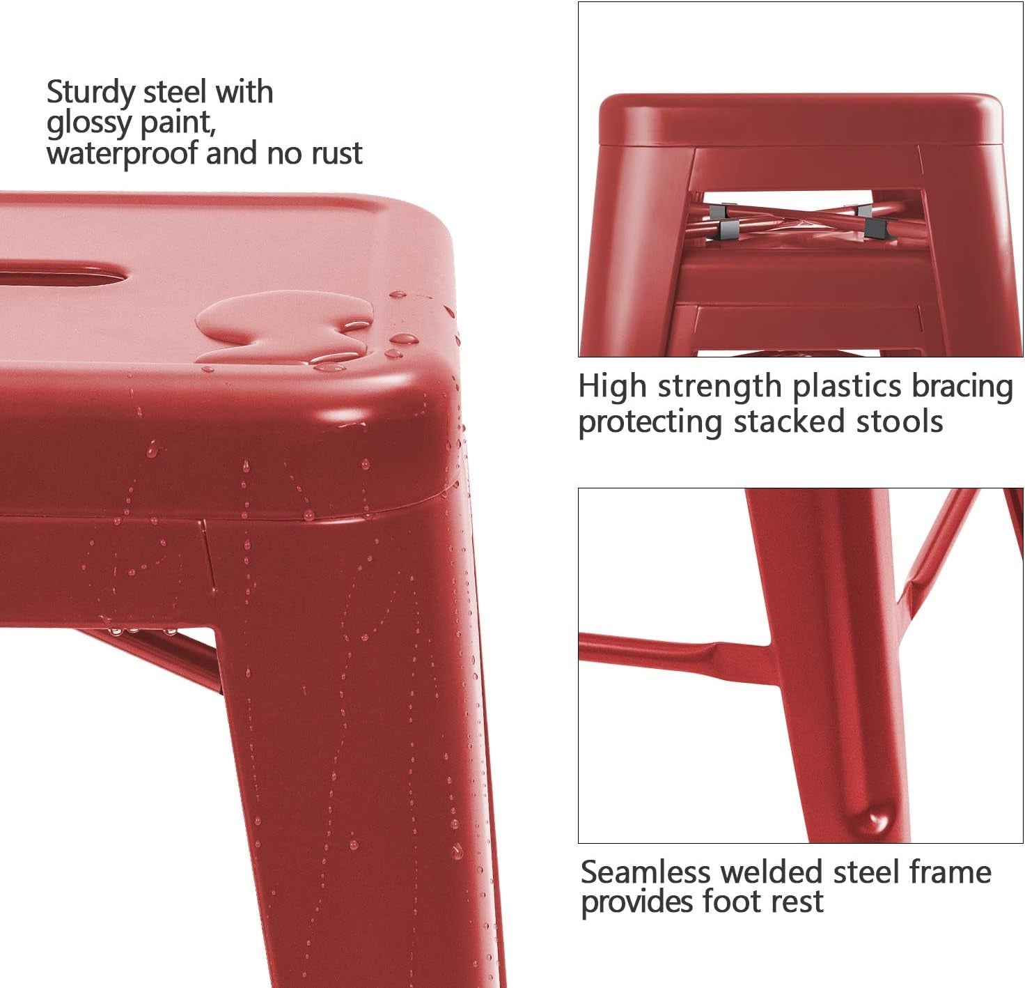 Set of 4 - 24-in. Indoor/Outdoor Backless Stacking Red Metal Barstools-3