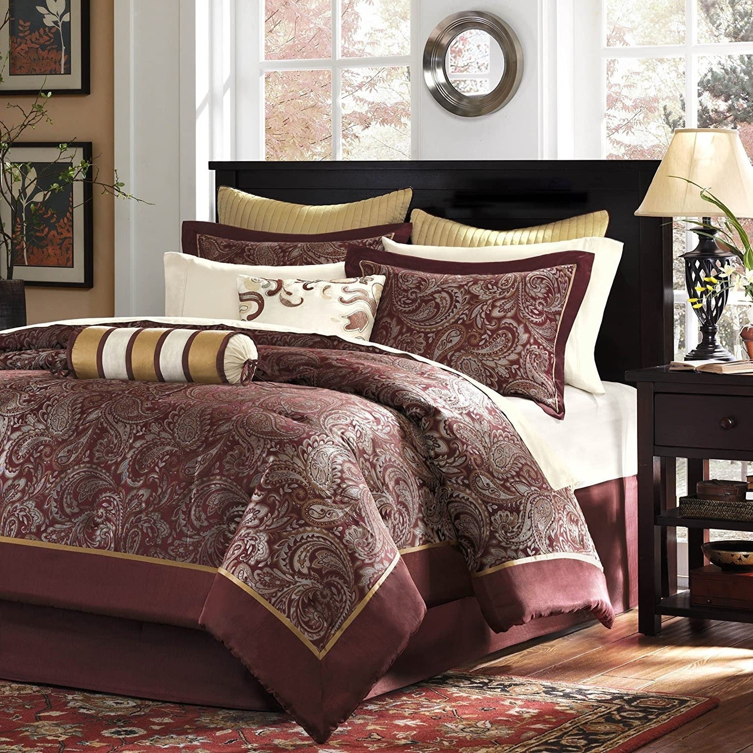 King 12 Piece Cotton Polyester Comforter Set Red Gold Paisley-1