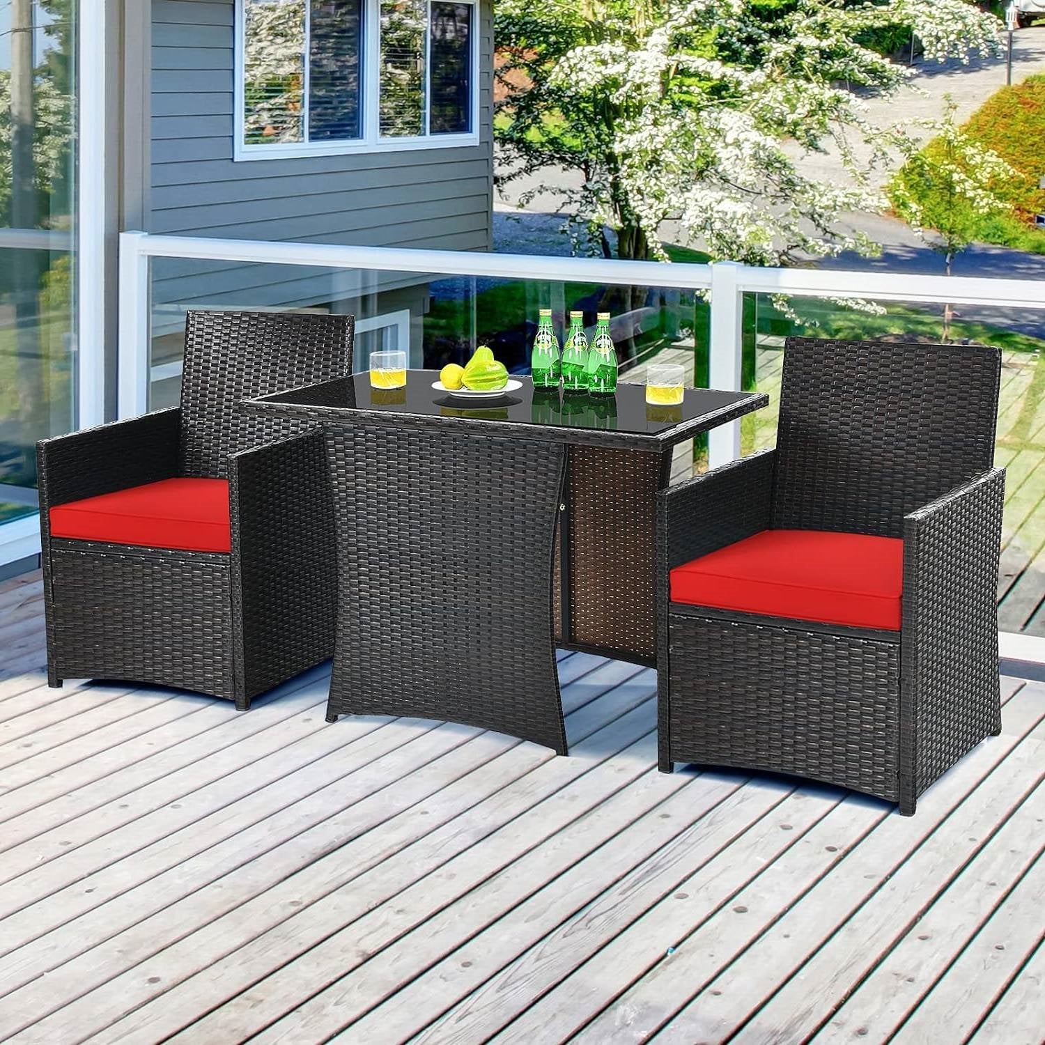 3-Piece Patio Furniture Outdoor Dining Set in Brown PE Rattan with Red Cushions-1