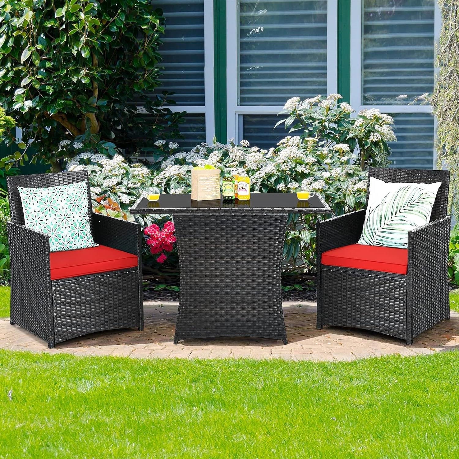 3-Piece Patio Furniture Outdoor Dining Set in Brown PE Rattan with Red Cushions-2