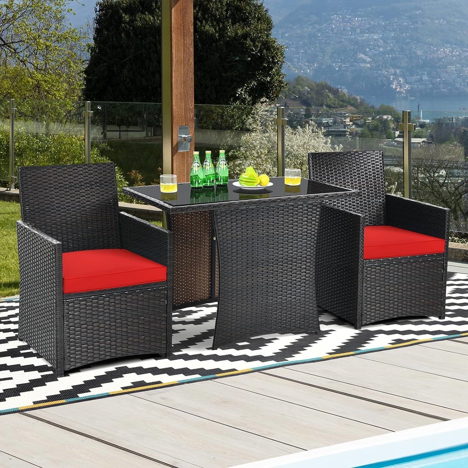 3-Piece Patio Furniture Outdoor Dining Set in Brown PE Rattan with Red Cushions-3