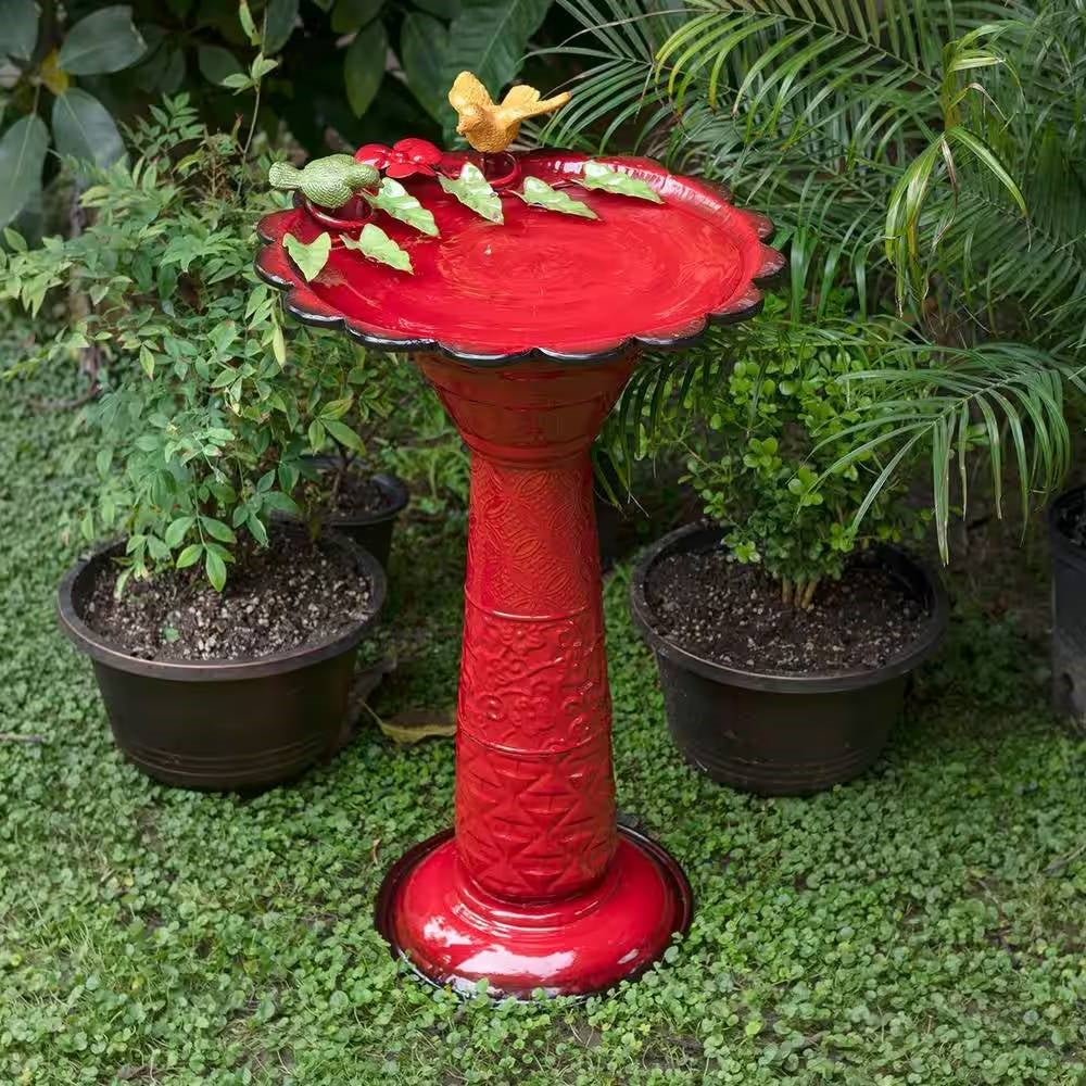 Red Metal Outdoor Garden Patio Birdbath with Decorative Bird Leaf Figurines-1