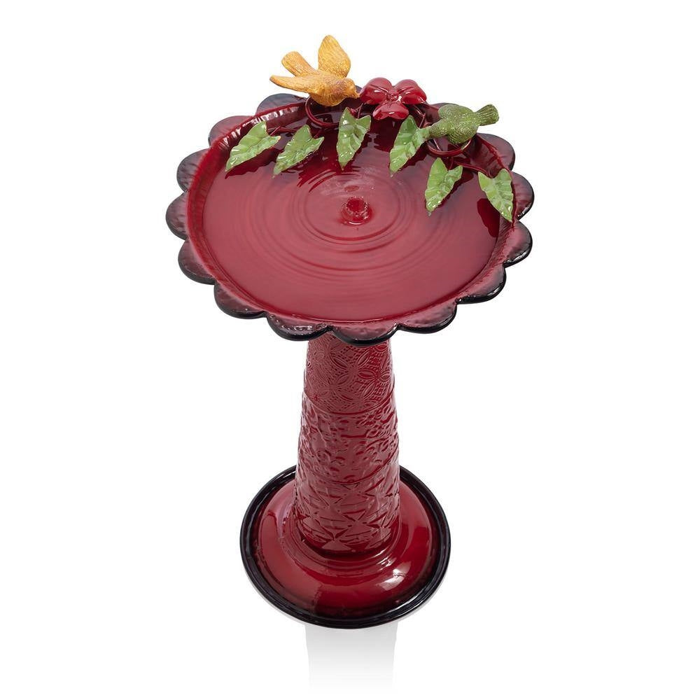 Red Metal Outdoor Garden Patio Birdbath with Decorative Bird Leaf Figurines-2