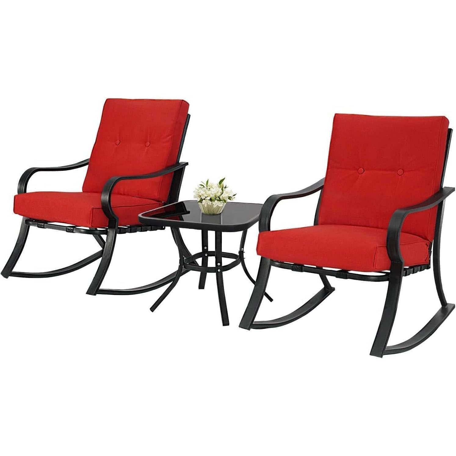 Outdoor 3-Piece Patio Furniture Rocking Chairs Table Set with Red Cushions-0