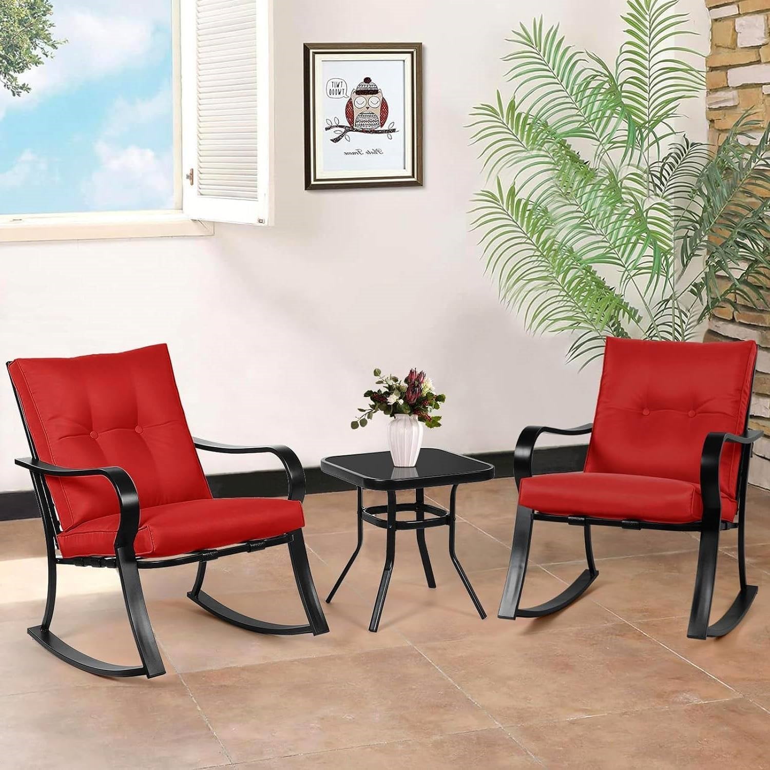 Outdoor 3-Piece Patio Furniture Rocking Chairs Table Set with Red Cushions-1