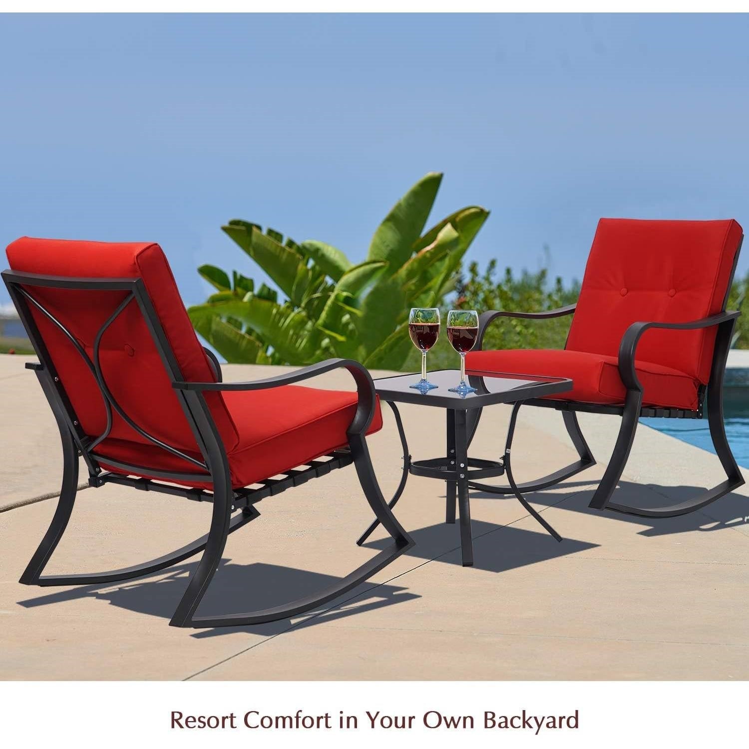 Outdoor 3-Piece Patio Furniture Rocking Chairs Table Set with Red Cushions-2