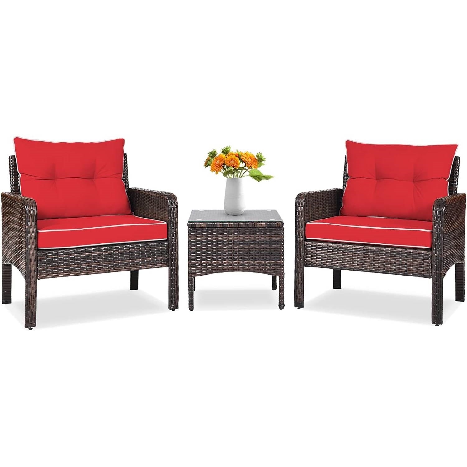 3-Piece Brown PE Rattan Outdoor Dining Patio Furniture Set with Red Cushions-0