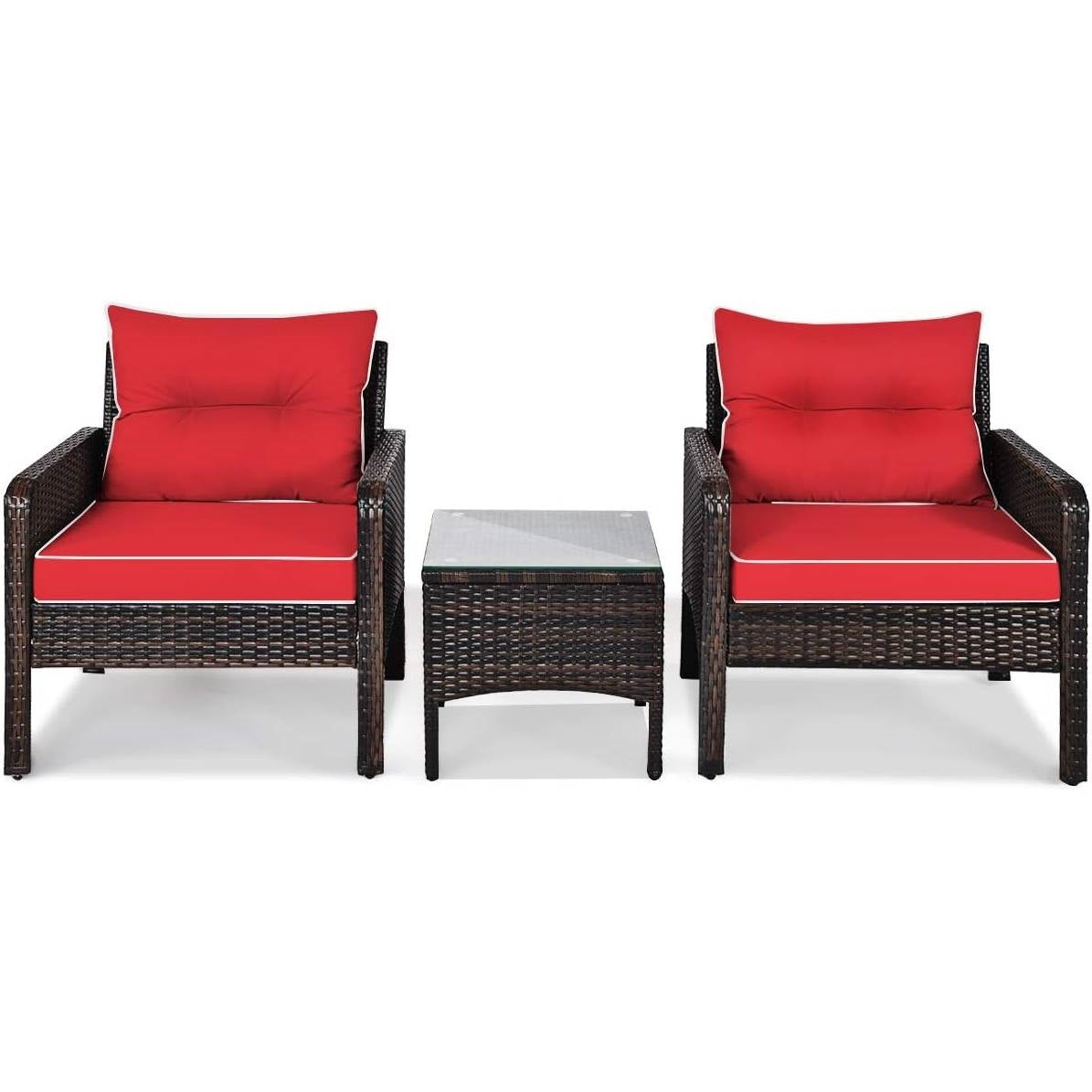 3-Piece Brown PE Rattan Outdoor Dining Patio Furniture Set with Red Cushions-1