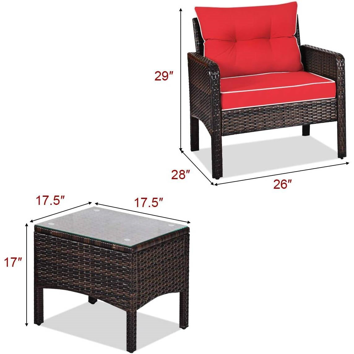 3-Piece Brown PE Rattan Outdoor Dining Patio Furniture Set with Red Cushions-4