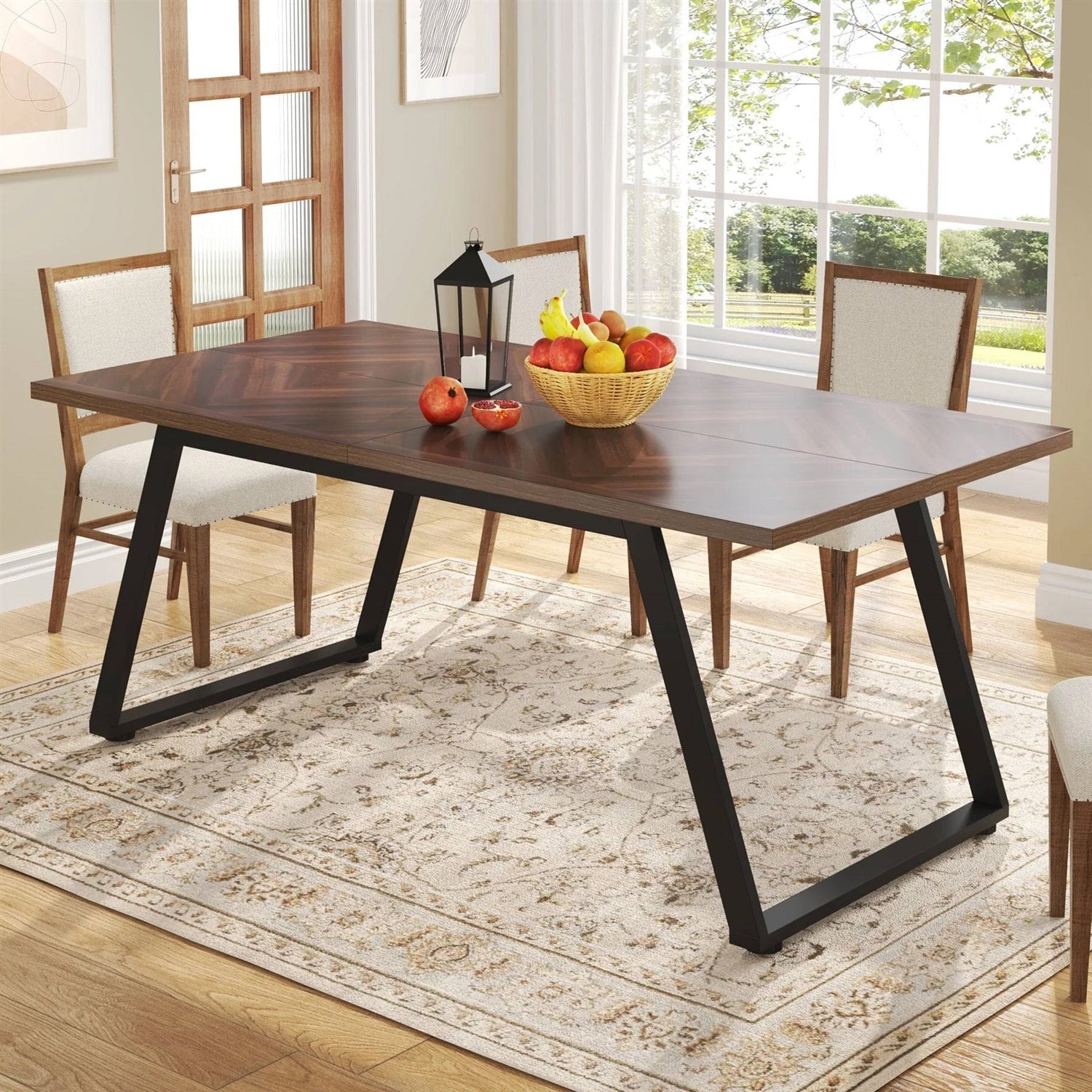 Modern Farmhouse 63-inch Rectangle Dining Table Brown Wood Top Black Metal Frame-1