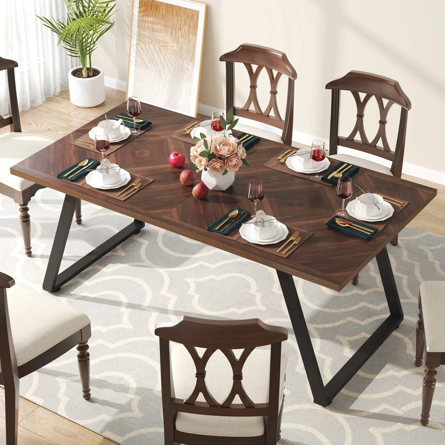 Modern Farmhouse 63-inch Rectangle Dining Table Brown Wood Top Black Metal Frame-2