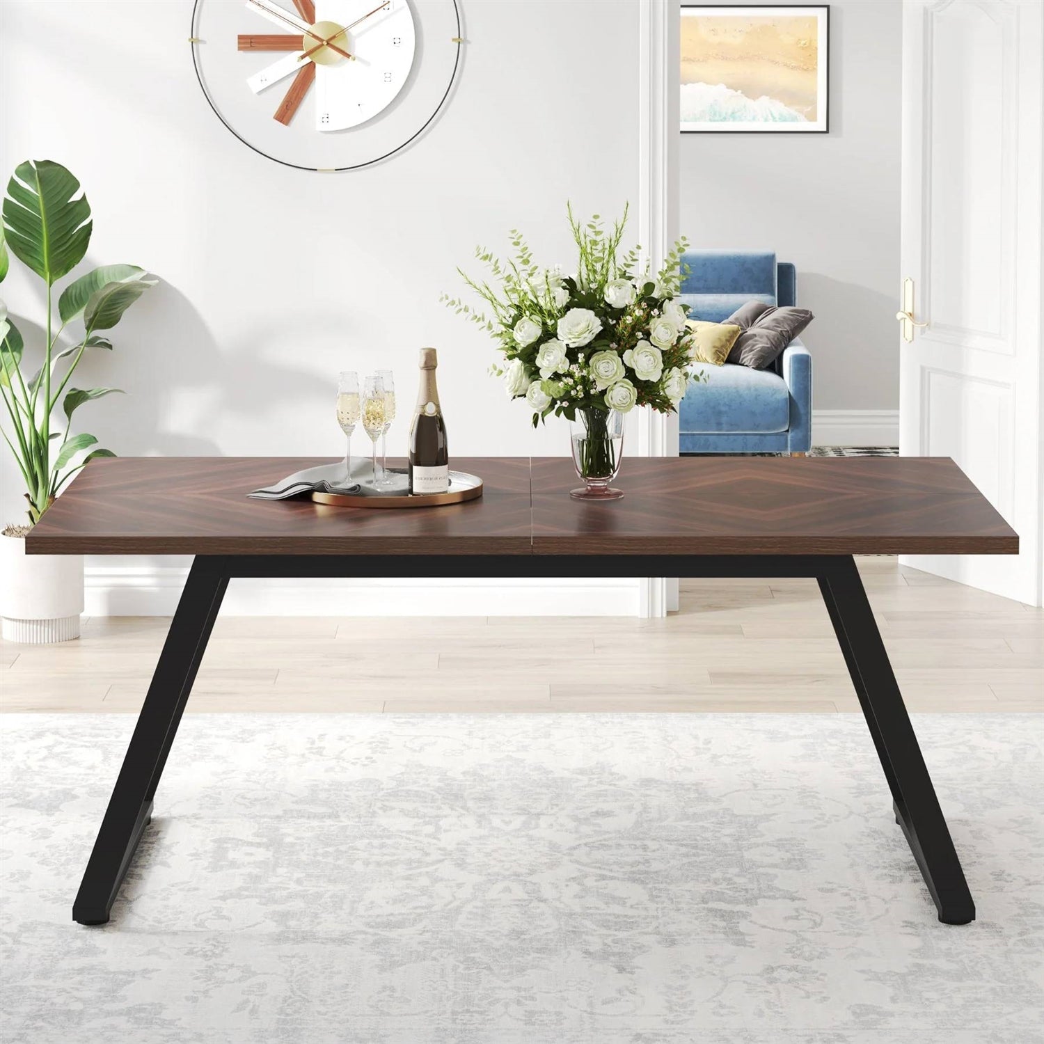 Modern Farmhouse 63-inch Rectangle Dining Table Brown Wood Top Black Metal Frame-3