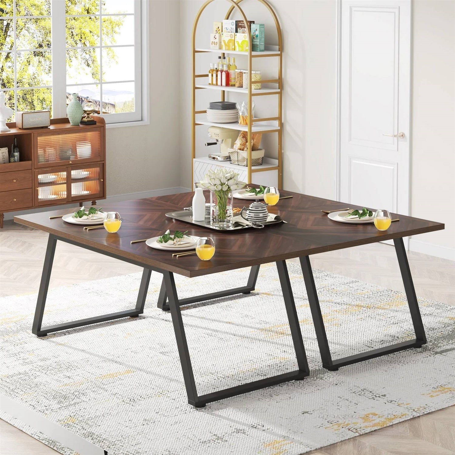 Modern Farmhouse 63-inch Rectangle Dining Table Brown Wood Top Black Metal Frame-4