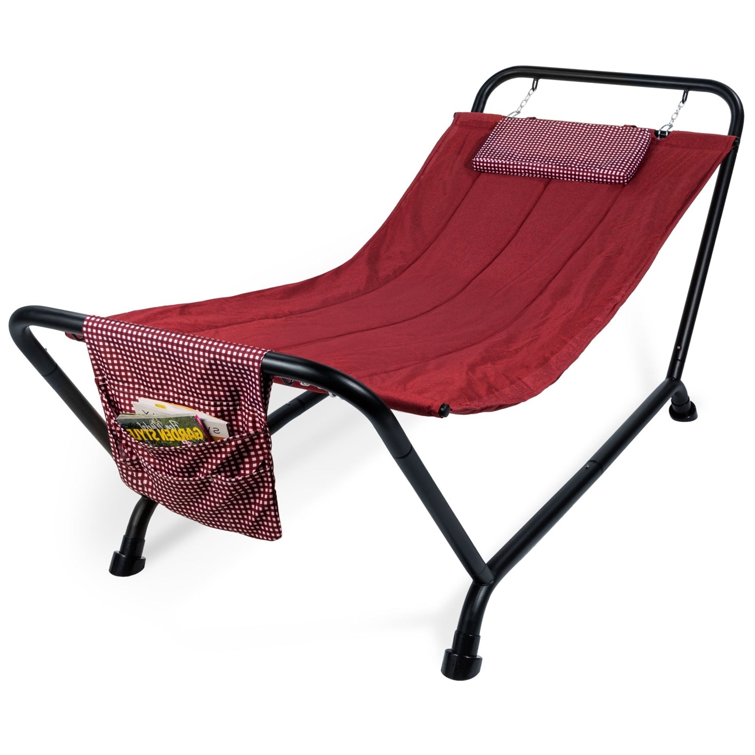 Red Waterproof Patio Hammock w/ Stand Pillow Storage Pockets-0