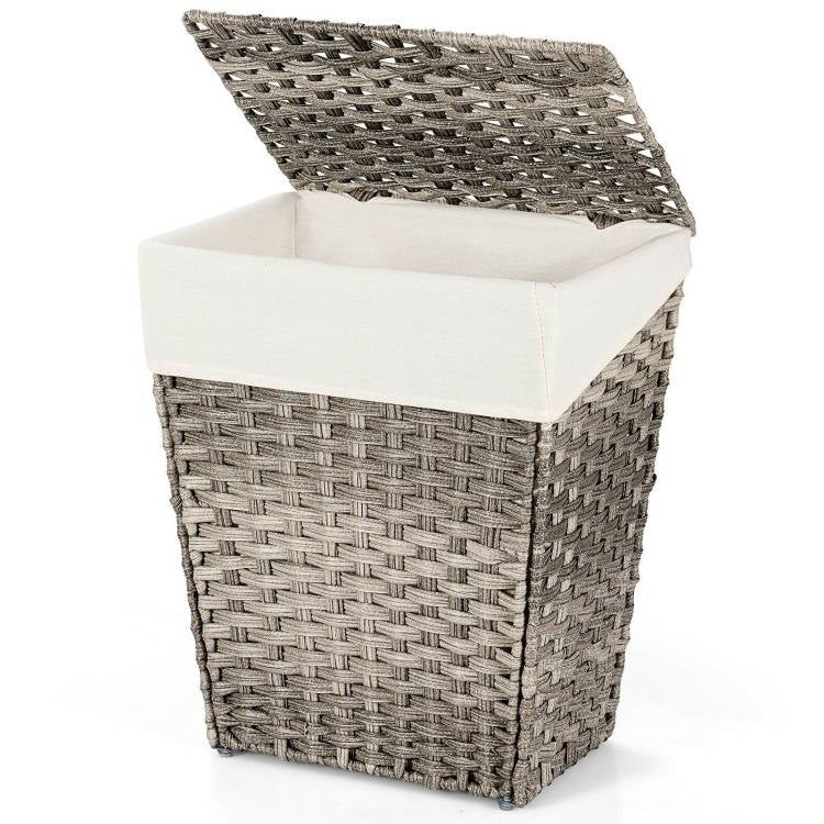 Foldable Handwoven PE Wicker Rattan Laundry Basket Clothes Hamper with Liner-0