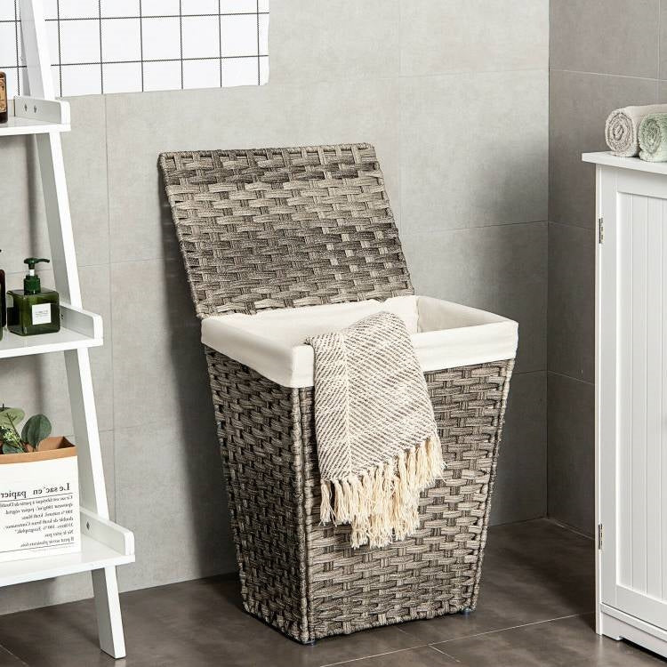 Foldable Handwoven PE Wicker Rattan Laundry Basket Clothes Hamper with Liner-1