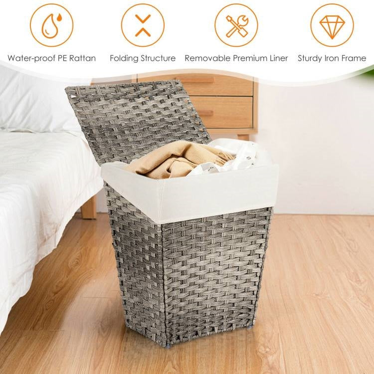 Foldable Handwoven PE Wicker Rattan Laundry Basket Clothes Hamper with Liner-2