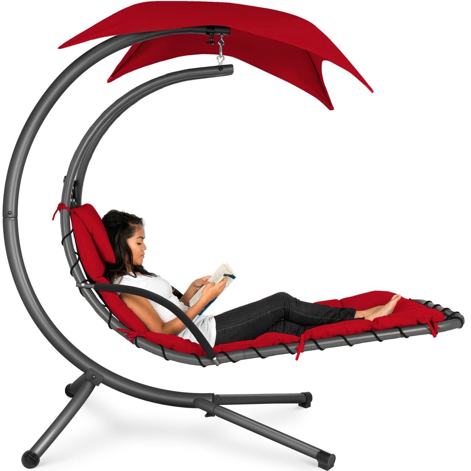 Red Single Person Sturdy Modern Chaise Lounger Hammock Chair Porch Swing-1