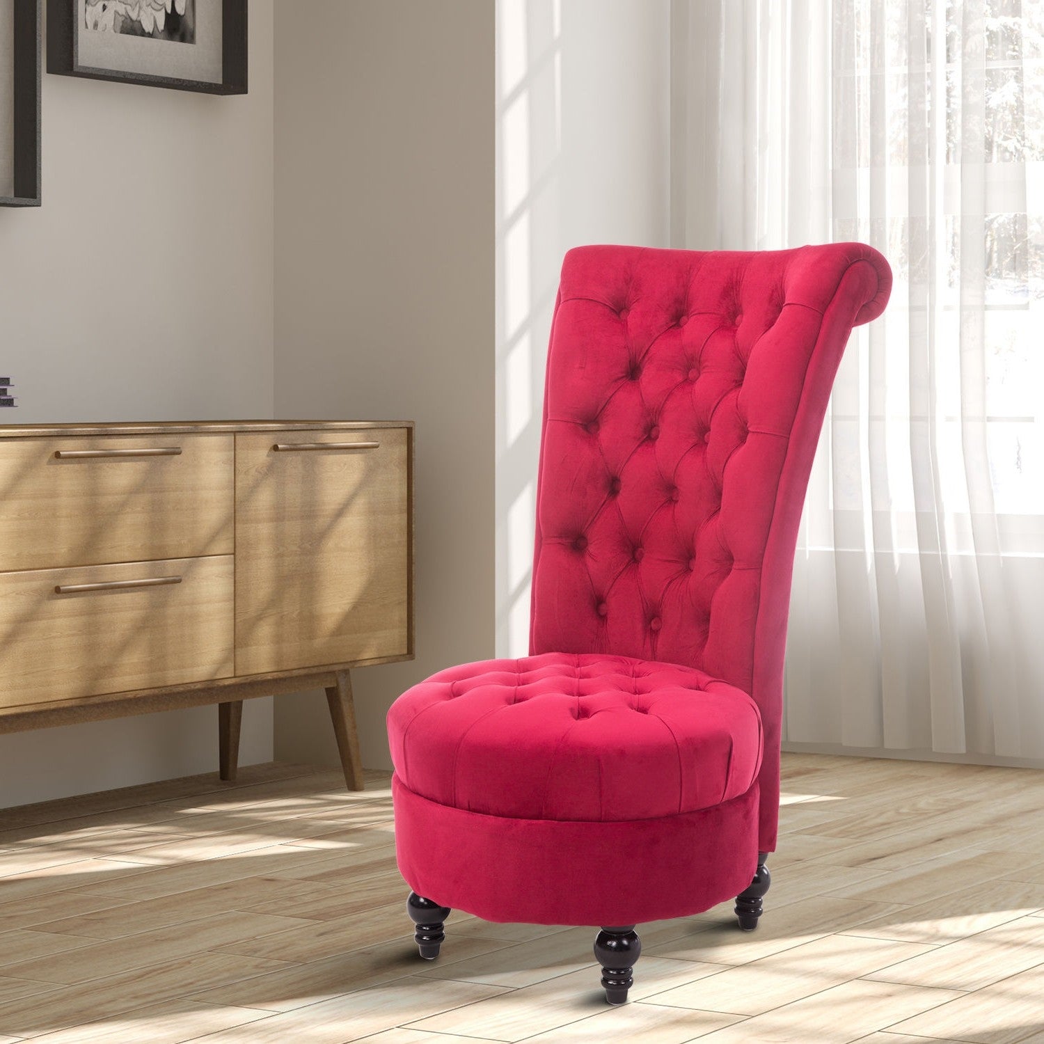 Red Tufted High Back Plush Velvet Upholstered Accent Low Profile Chair-1