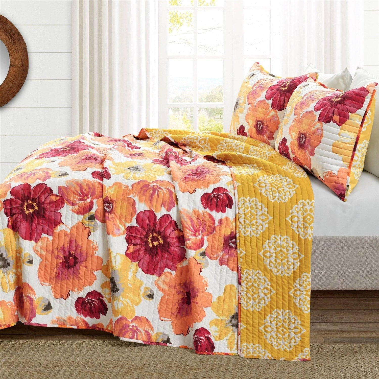 King size Orange Red Flowers Lightweight Polyester Microfiber Quilt Set-2