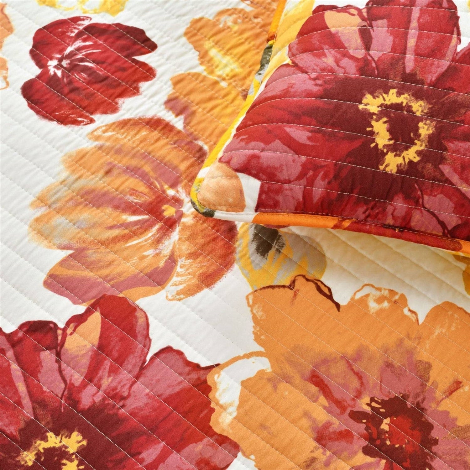 Full/Queen Red Orange Flowers Lightweight Polyester Microfiber Quilt Set-3