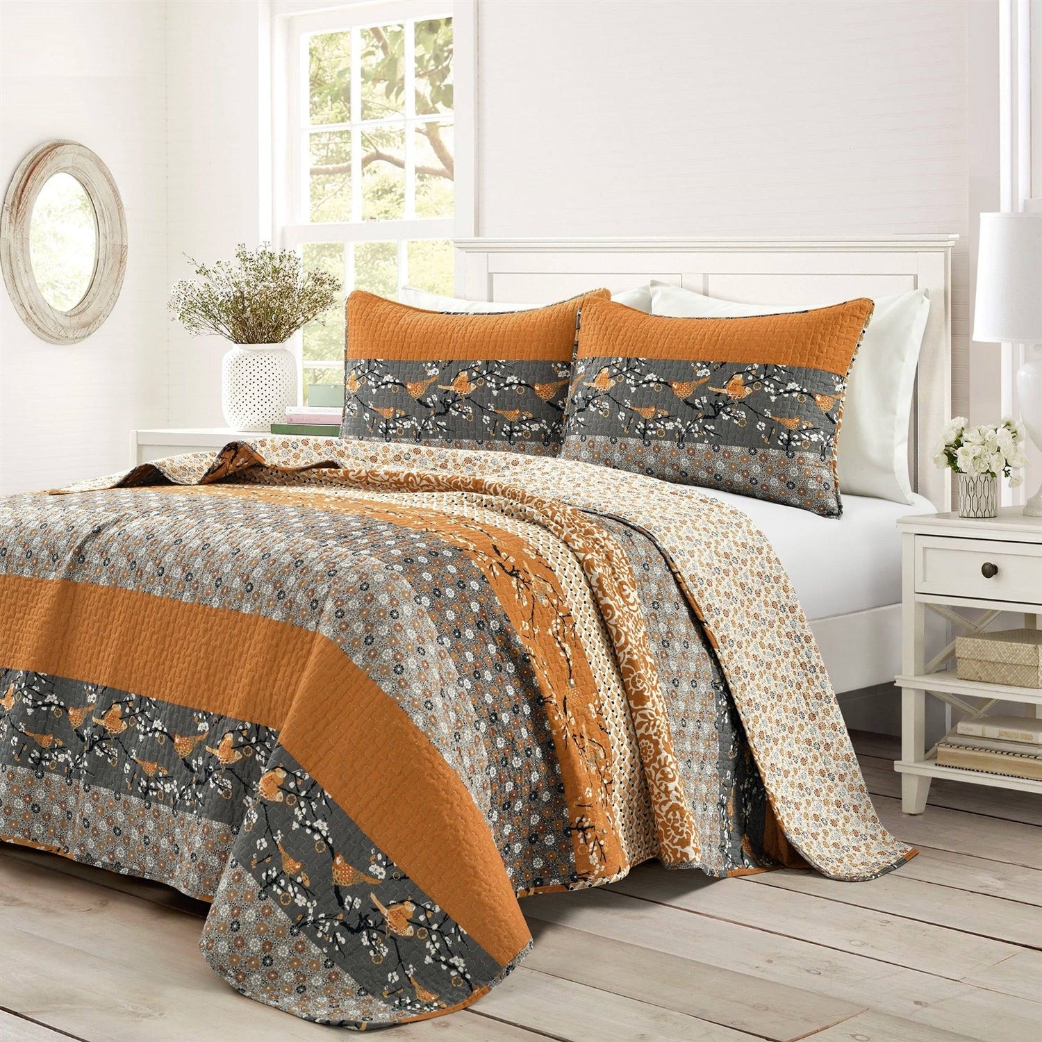 Full/Queen Size Orange Grey Floral Birds Reversible 3 Piece Quilt Set-0