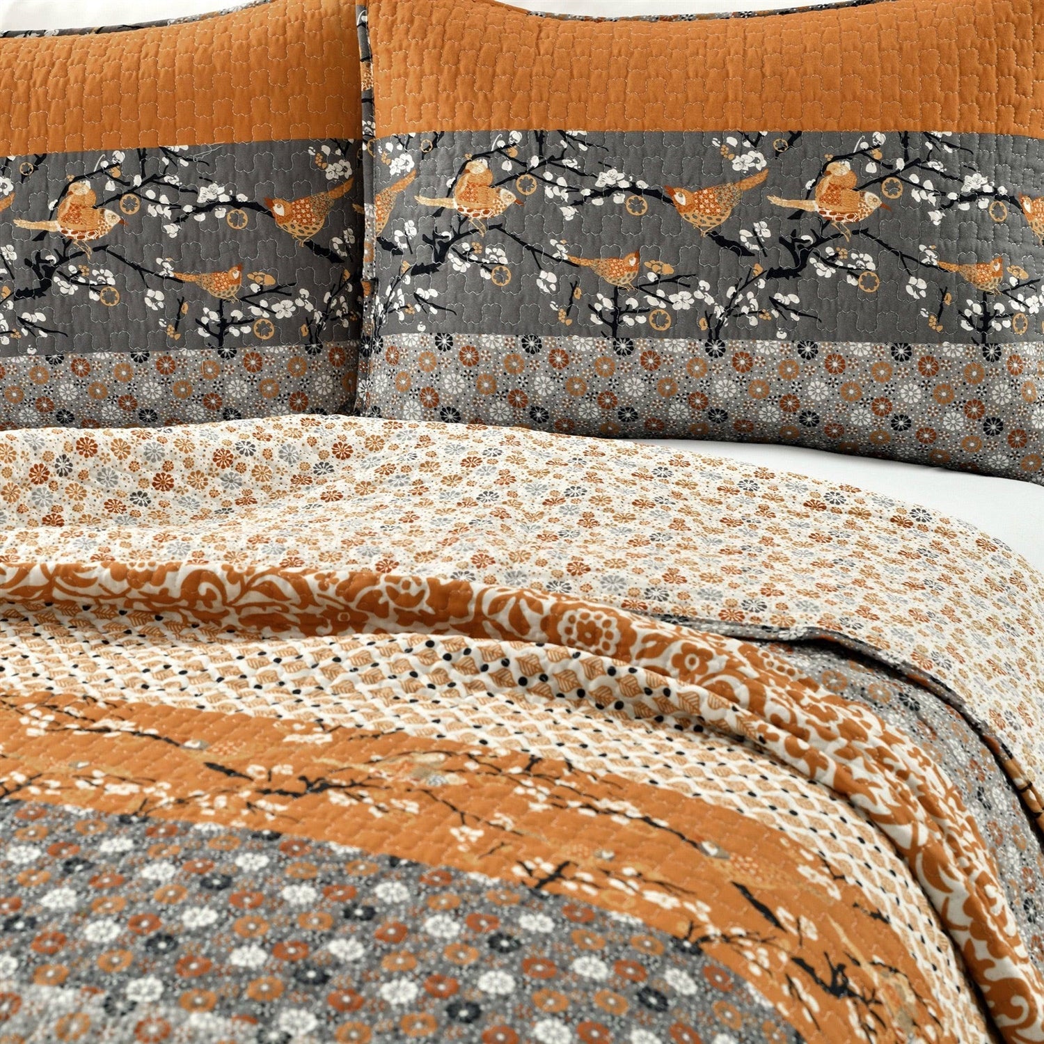 Full/Queen Size Orange Grey Floral Birds Reversible 3 Piece Quilt Set-2