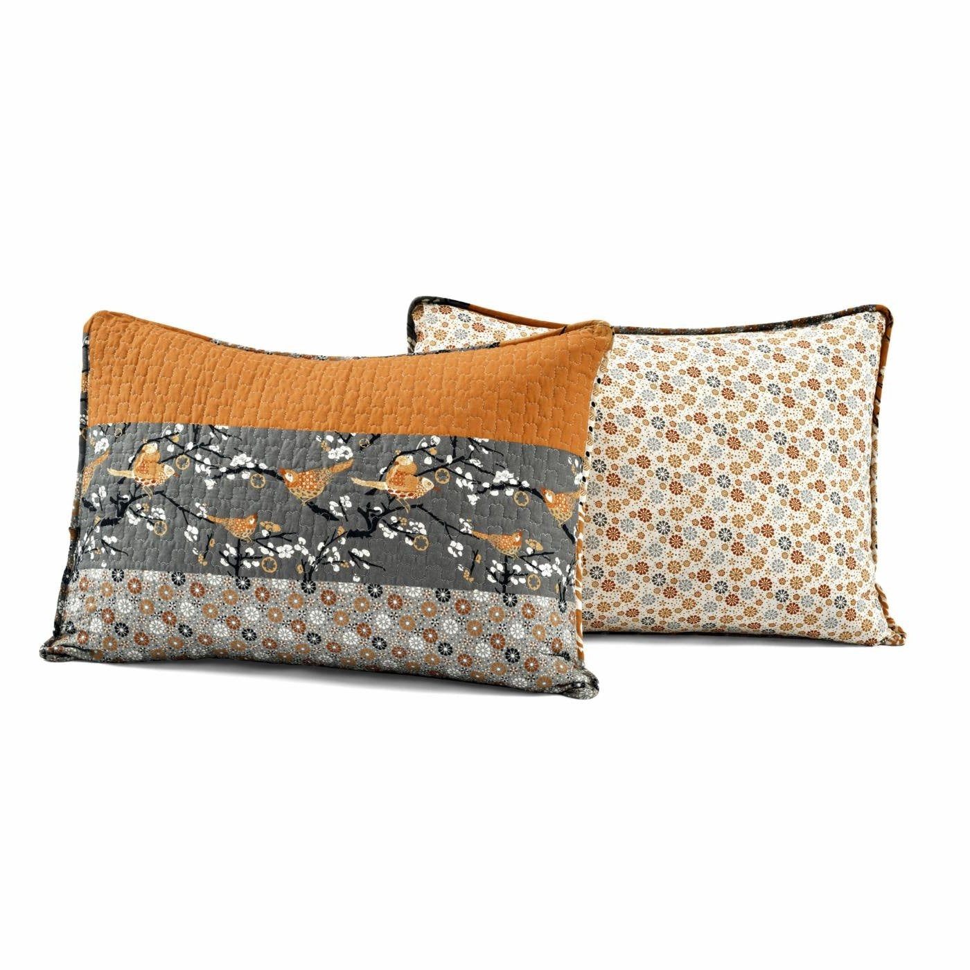 Full/Queen Size Orange Grey Floral Birds Reversible 3 Piece Quilt Set-4