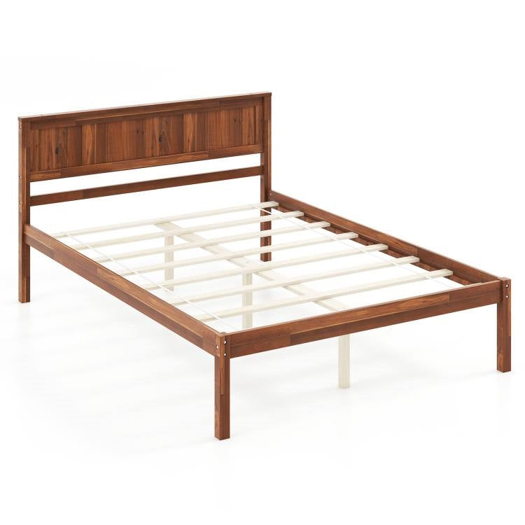 Full Size Retro Wood Platform Bed Frame with Headboard in Walnut-0