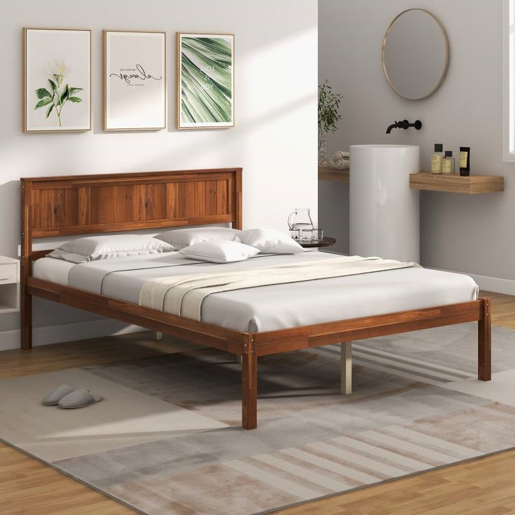 Full Size Retro Wood Platform Bed Frame with Headboard in Walnut-1