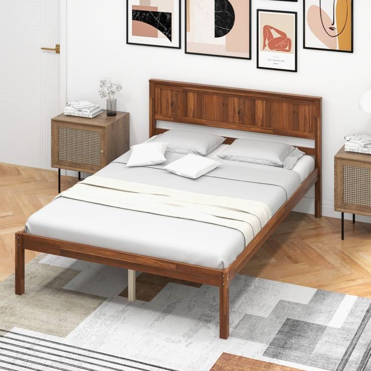 Full Size Retro Wood Platform Bed Frame with Headboard in Walnut-2