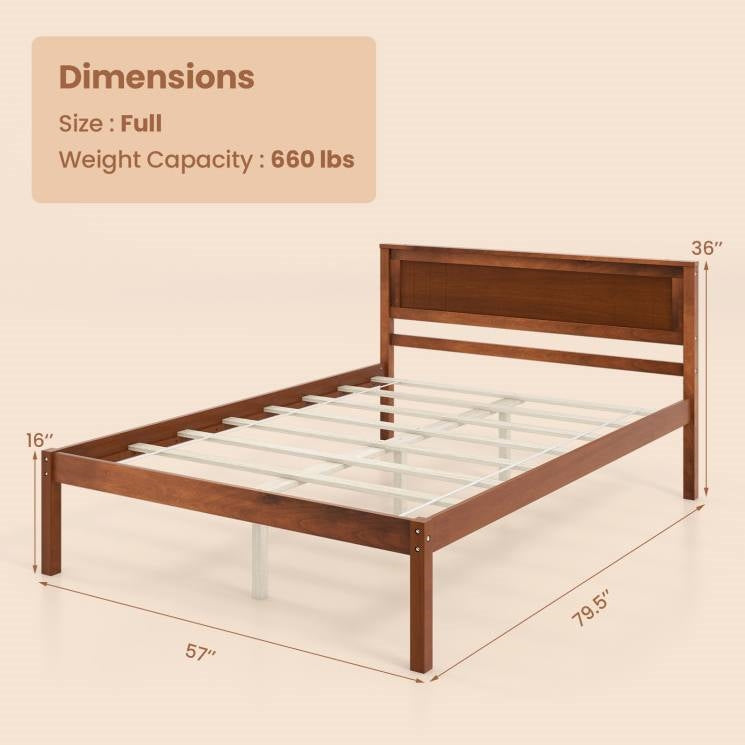 Full Size Retro Wood Platform Bed Frame with Headboard in Walnut-3