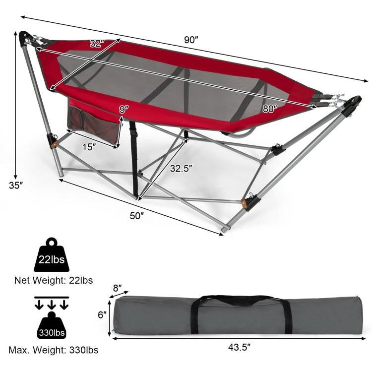 Red Portable Camping Foldable Hammock with Stand and Carry Case-3