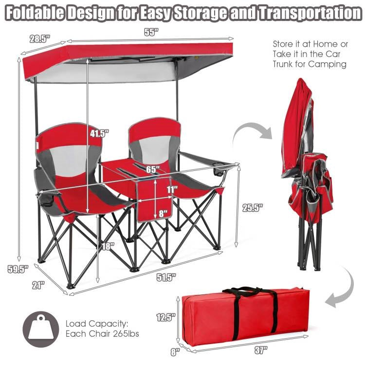 Red 2-Piece Folding Camping Canopy Chairs Set with Cup Holder and Storage Pocket-4