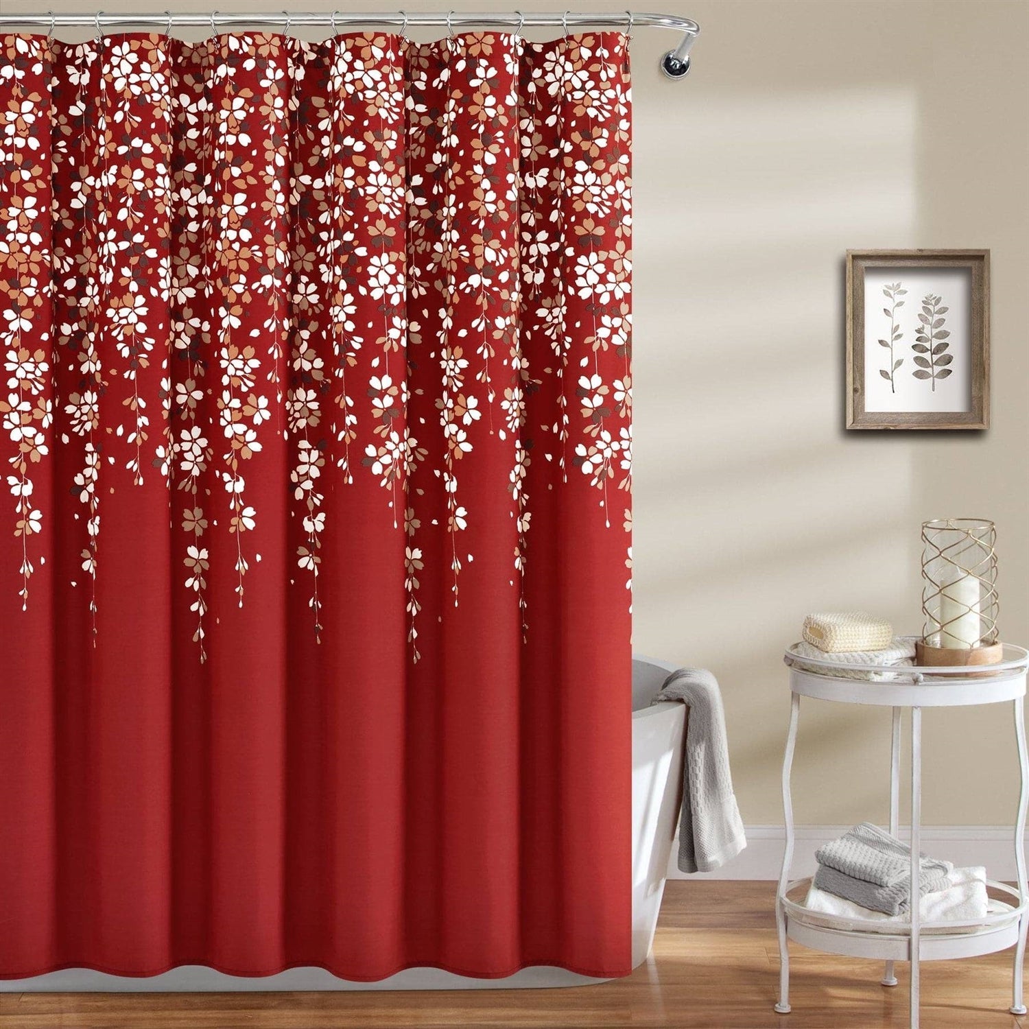 72-inch Red White and Flowers Vines Floral Shower Curtain-0