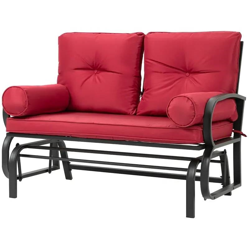 Steel Outdoor Garden Patio Rocking Glider Chair Loveseat with Red Cushions-0