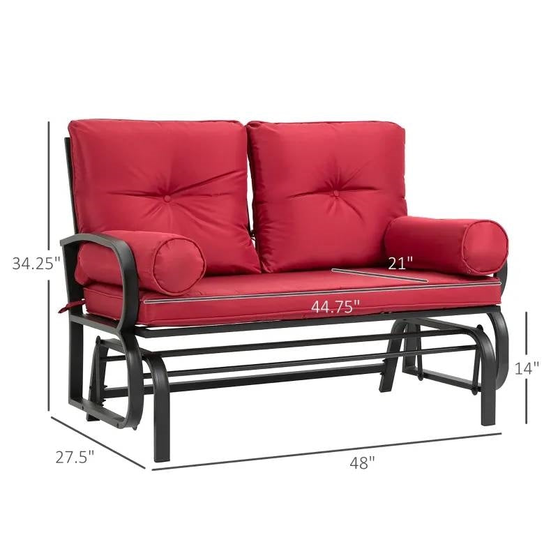 Steel Outdoor Garden Patio Rocking Glider Chair Loveseat with Red Cushions-4