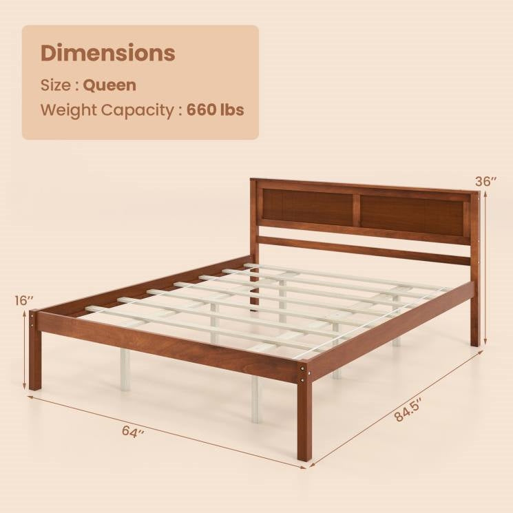 Queen Size Retro Wood Platform Bed Frame with Headboard in Walnut-3