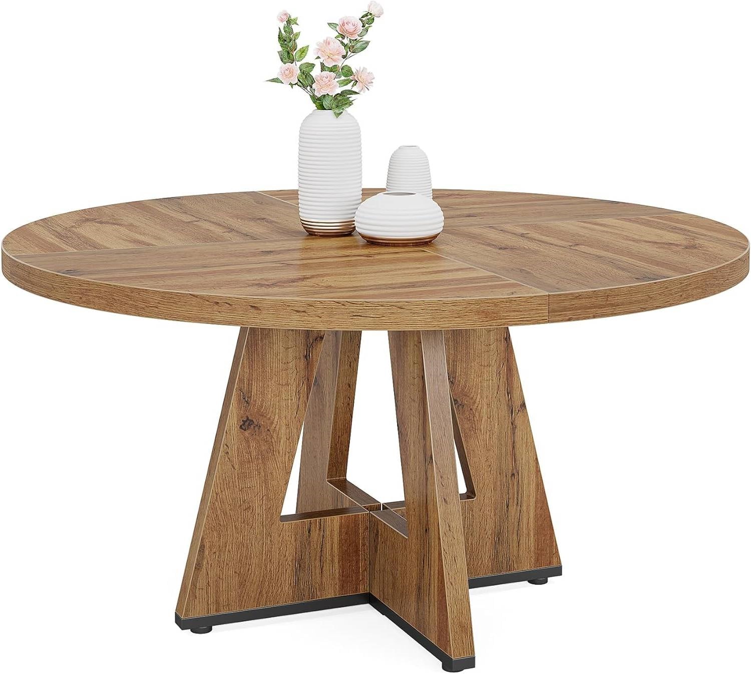 Modern Kitchen 4-Person Circular Dining Table in Retro Brown Wood Finish-0