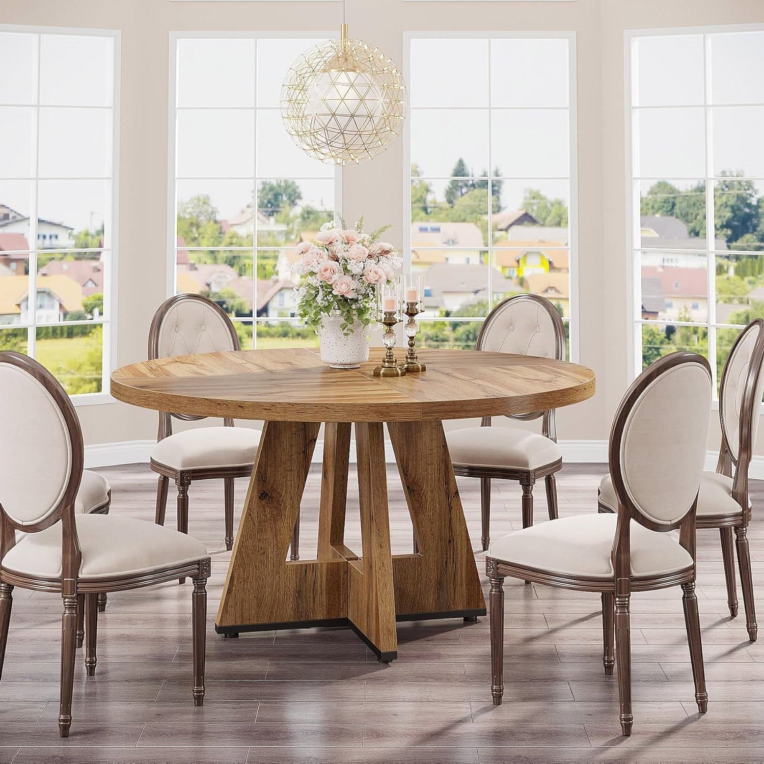 Modern Kitchen 4-Person Circular Dining Table in Retro Brown Wood Finish-2