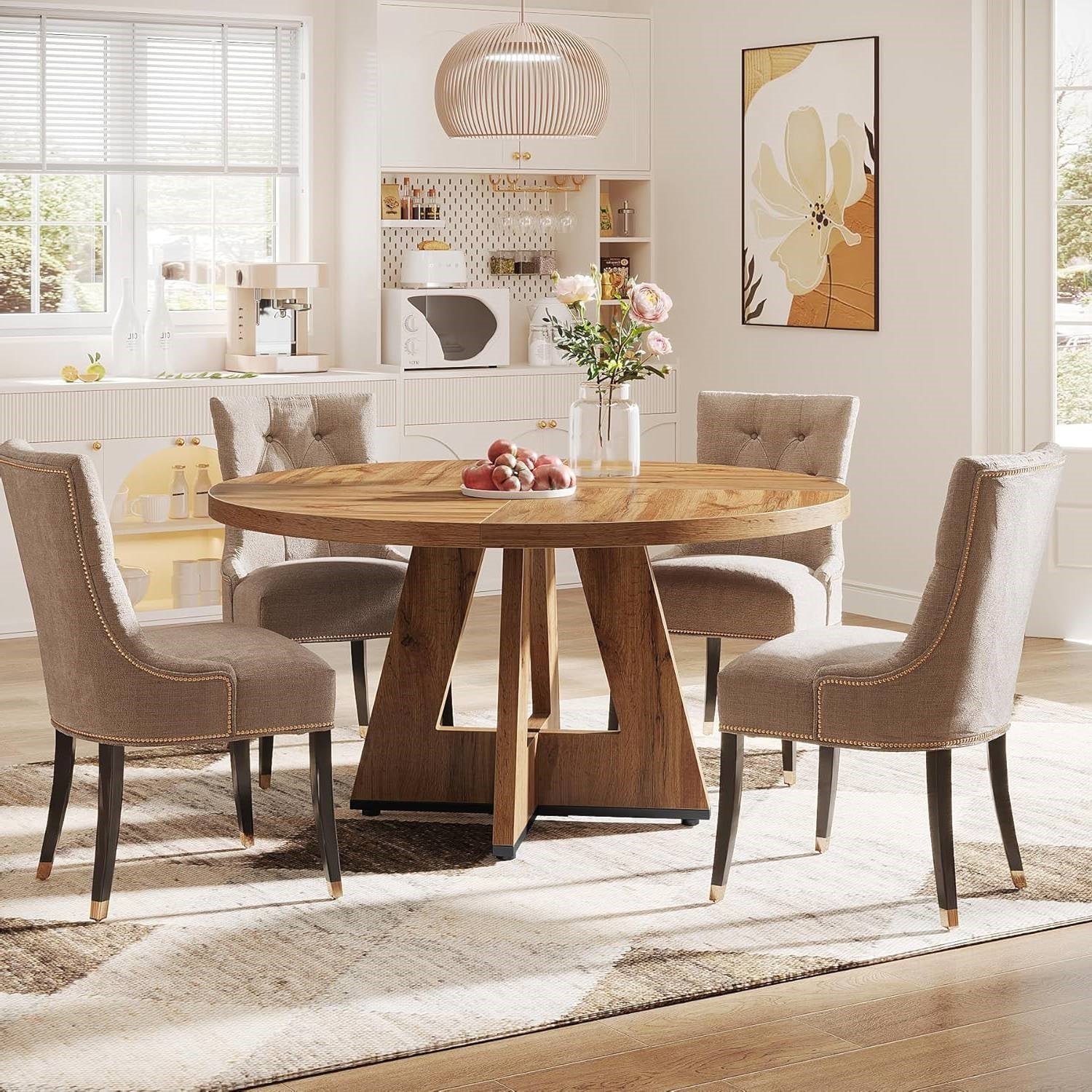 Modern Kitchen 4-Person Circular Dining Table in Retro Brown Wood Finish-3