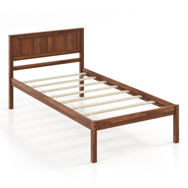 Twin Size Retro Wood Platform Bed Frame with Headboard in Walnut-0