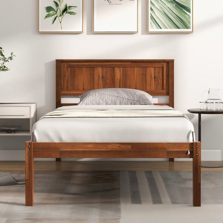 Twin Size Retro Wood Platform Bed Frame with Headboard in Walnut-1