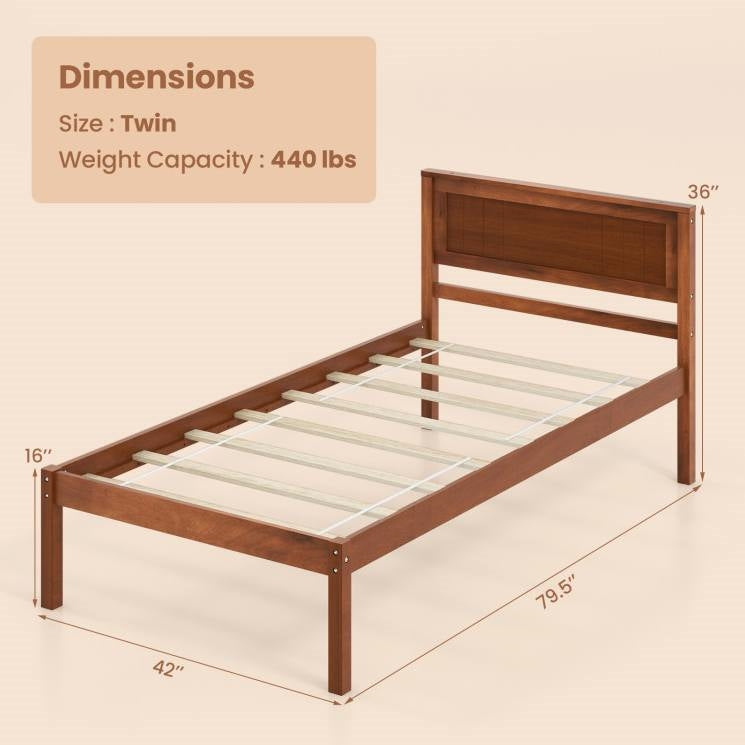 Twin Size Retro Wood Platform Bed Frame with Headboard in Walnut-3