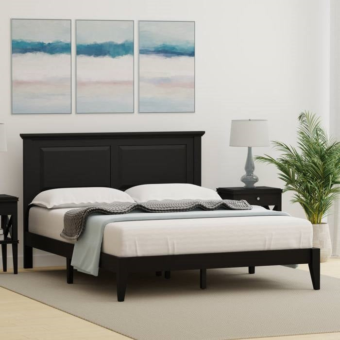 Queen Traditional Solid Oak Wooden Platform Bed Frame with Headboard in Black-2