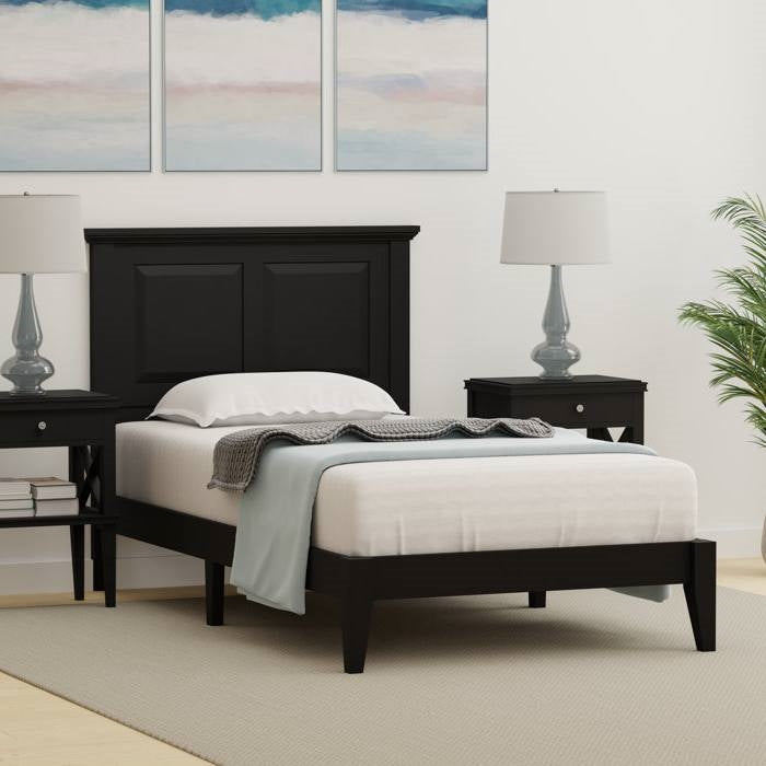 Twin Traditional Solid Oak Wooden Platform Bed Frame with Headboard in Black-2