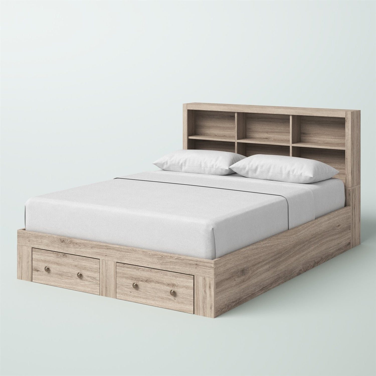 Queen Size Rustic Oak FarmHouse Low Profile 2 Drawer Storage Platform Bed-2