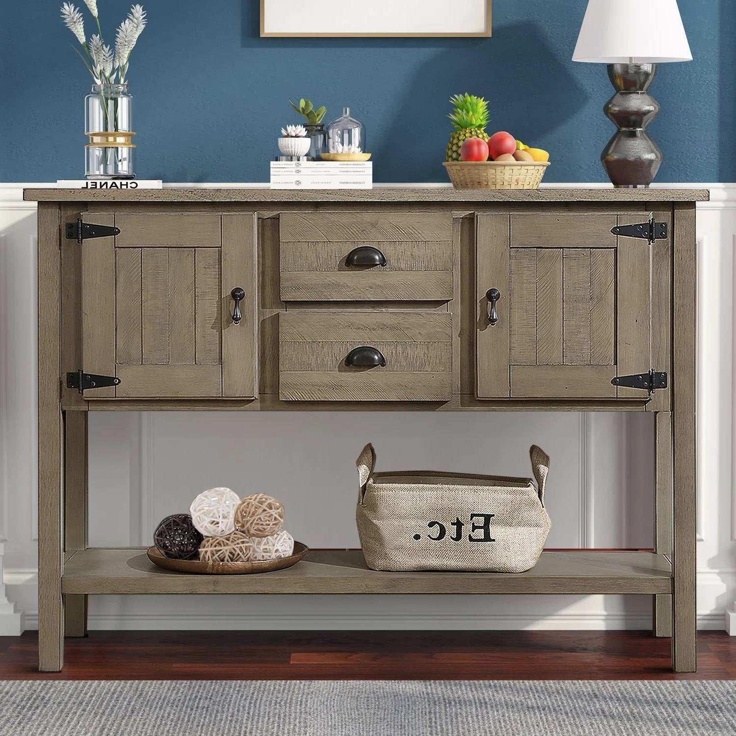 Solid Wood Farmhouse Sofa Table Cabinet with Storage Drawers in Rustic Taupe-0